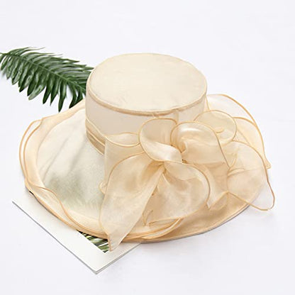Women Derby Fascinator Hat Organza Church Wedding Hats Wide Brim Cocktail Tea Party Hat - color: 14 Beige