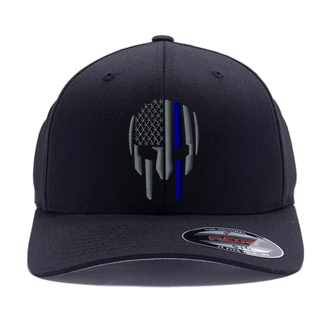 G&B Red Thin Red/Blue Line Spartan Helmet & Distressed Skull Flex Baseball Cap. Embroidered. 6277/6477 Flex Baseball Hat - color: Black, size: Small-Medium