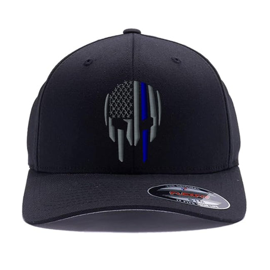 G&B Red Thin Red/Blue Line Spartan Helmet & Distressed Skull Flex Baseball Cap. Embroidered. 6277/6477 Flex Baseball Hat - color: Black, size: Small-Medium