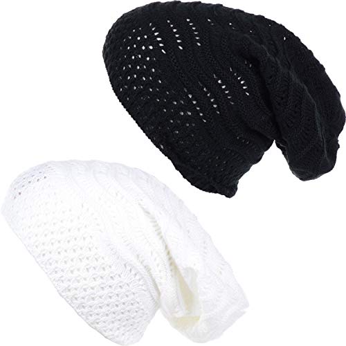 BYOS Women's Airy Cool Lightweight Cutout Long Slouchy Crochet Knit Beanie Hat - color: 2 Pack-wavy Line White & Bk