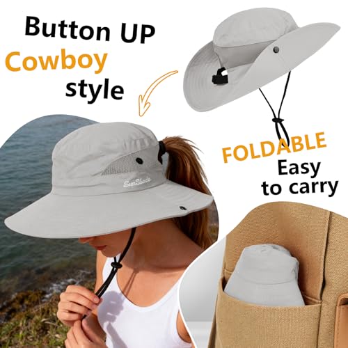 ZOORON Women's Ponytail Safari Sun Hat,Wide Brim UV Protection Bucket Hat - color: 1- Pure Light Grey