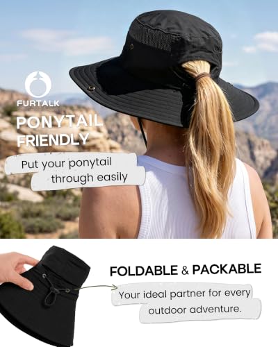 FURTALK Sun Hats for Women UV Protection Wide Brim Ponytail Hiking Hat - color: Black