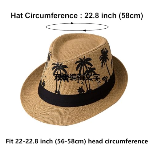 ECYC Ltd Panama Straw Hats Short Brim Fedora Straw Hat Trilby Hat Palm Tree Print Summer Beach Sun Hat Cap for Men Women - color: Khaki