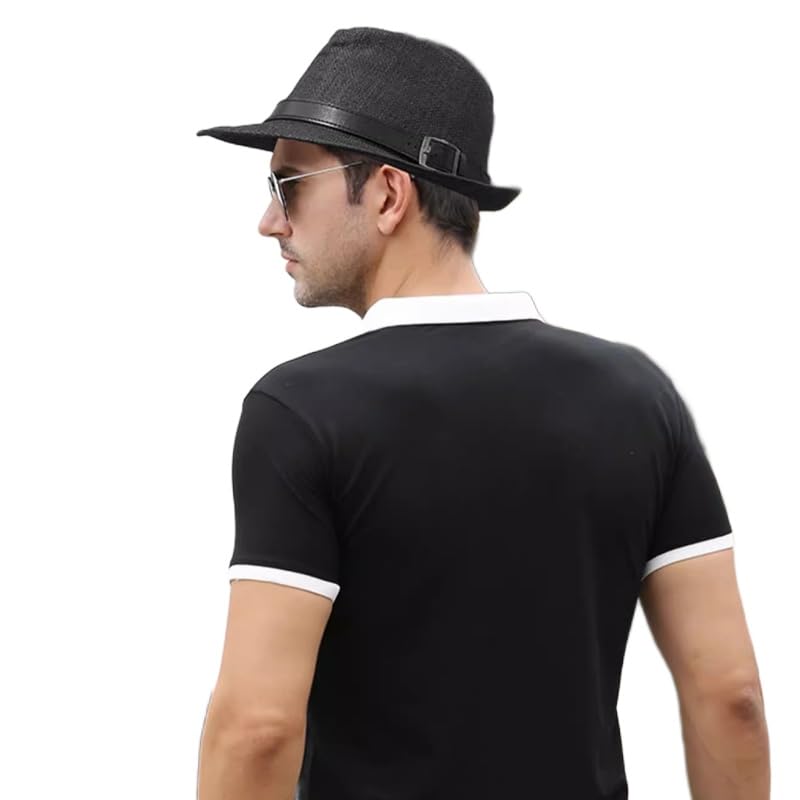 Straw Fedora Hat for Men Women Short Brim Trilby Hat Packable Roll Up Panama Jazz Cap Summer Beach Sun Cap - color: Black
