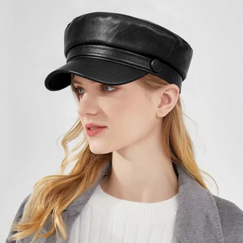 Women PU Leather Newsboy Cap Vintage Military Flat Top Beret Style Hat - color: Black