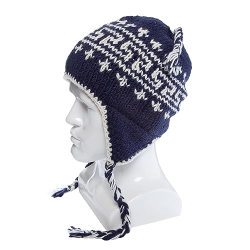 Hand Knit Sherpa Wool Hat with Micro Fleece Lining and Ear Flaps, Handmade Winter Toque, Christmas Beanie, Made in Nepal - color: Navy Blue and White