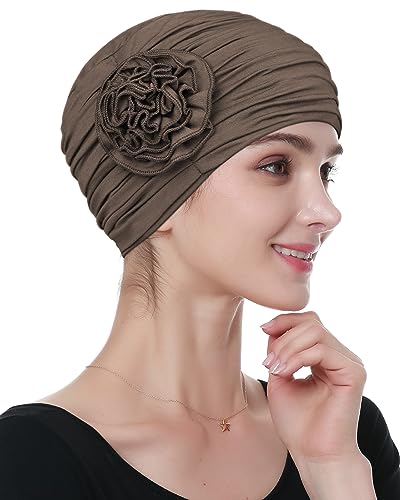 Alnorm Flower Design Chemo Hair Loss Caps Cancer Headwear for Women - color: Brown
