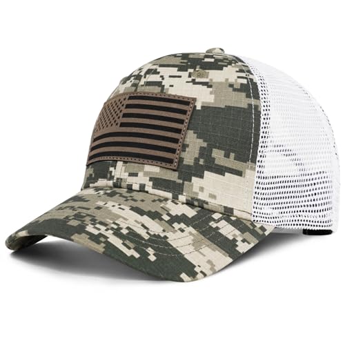 American Flag Trucker Hat - Snapback Hats for Men Women Baseball Cap - Breathable Mesh & Adjustable Fit for Casual Wear - color: Light Camo