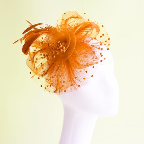 WLBON Fascinators Hat 20s 50s Headband Hair Clips Flower Mesh Veil Feather Headpiece Headwear Women Halloween Carnival Cocktail Wedding Church Cosplay Dress Up Birthday Tea Party Accessories Orange - color: Orange