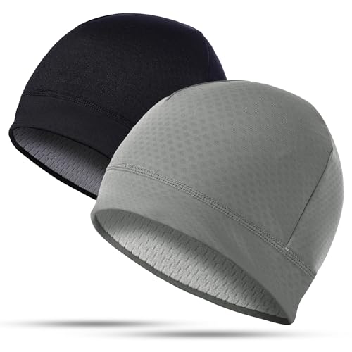 2 Pack Thermal Skull Caps for Men Women Wind-Resistant Fleece Beanie Hats Cold Weather Helmet Liners for Cycling - color: Black+gery