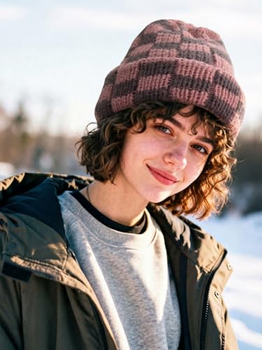 CLAPE Womens Cute Slouchy Beanies Hats, Winter Warm Chunky Checkered Beanie Large Cuff Knitted Hat Ski Cap for Cold Weather - color: Kh56-pink