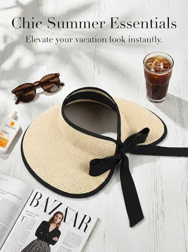 Sun Visor Hat for Women Wide Brim Ponytail Straw Hat UV UPF Summer Beach Vacation Packable Foldable Travel - color: Beige