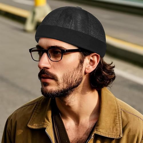 Mens Breathable Mesh Skull Cap Docker Beanie Hat Sailor Hat - color: Black