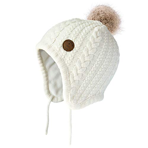 Toddler Baby Boys Girls Winter Hat Kids Ear Flap Warm Fleece Lined Knit Beanie Fur Pom Hat - color: White With Faux Fur Pompom, size: 6-24 Months