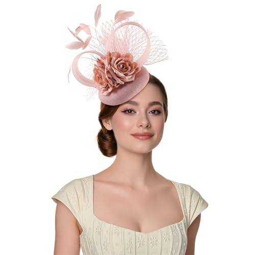 Fascinators Hat for Women Tea Party Headband Wedding Cocktail Flower Mesh Feathers Hair Clip(Pink) - color: Pink