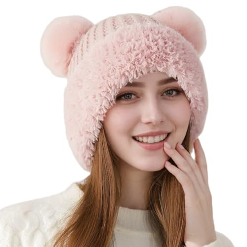 Womens Winter Knitted Beanie Hat with Double Faux Fur Pompom Fuzzy Warm Knit Ski Skull Cap for Women - color: Pink