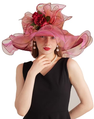 Women Derby Church Hat Organza Flower Wedding Tea Party Fascinator Wide Brim Sun Hat - color: 13-sunset Red