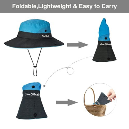 Women's Outdoor-UV-Protection-Foldable-Sun-Hats-Wide-Brim Hat Ponytail-Hole - color: Blue