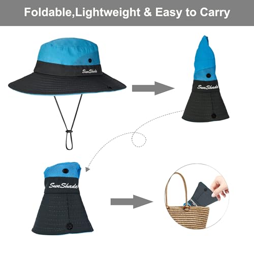 Women's Outdoor-UV-Protection-Foldable-Sun-Hats-Wide-Brim Hat Ponytail-Hole - color: Pink+blue