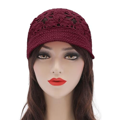 ZLYC Women Summer Slouchy Crochet Hat Handmade Cutout Skull Cap with Visor - color: Plain Burgundy, size: One Size
