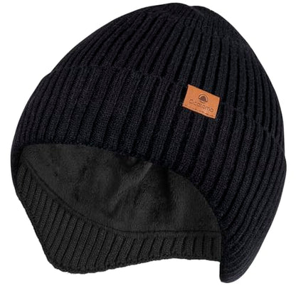 Ocatoma Winter Beanie with Earflap for Men Women Knit Hat Outdoor Unisex - color: Black