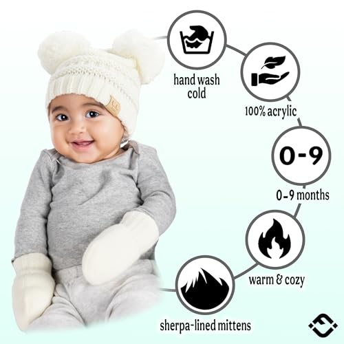 Funky Junque Baby Double Faux Fur Pom Pom Beanie & Mittens Set – Newborn Infant 0–9 Months Winter Hat with Soft Lined Mittens - color: Ivory (0-9 Months)