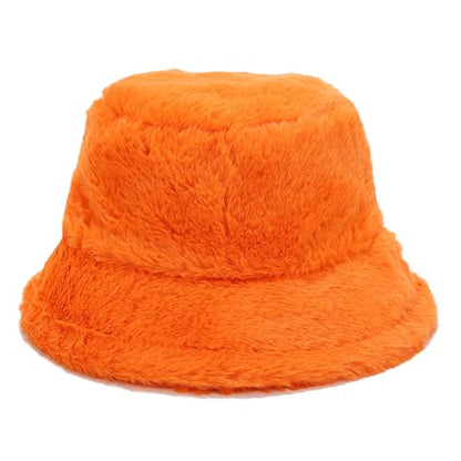 Umeepar Winter Faux Fur Fuzzy Bucket Hat Fluffy Warm Hat for Women Men - color: Plain Orange