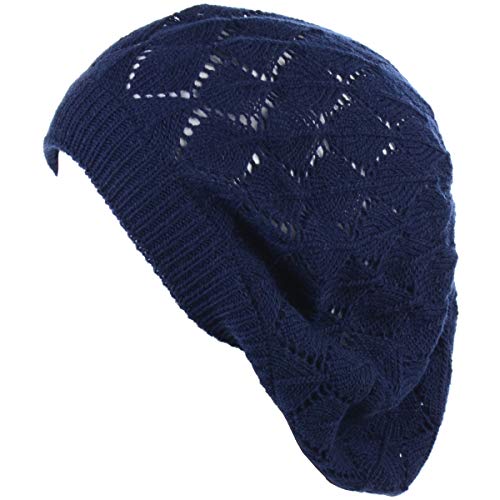 an Womens Lightweight Cut Out Knit Beanie Beret Cap Crochet Hat - Many Styles - color: 2681navy