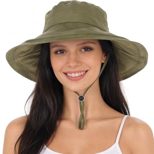 Women's UPF 50+ Waterproof Wide Brim Sun Bucket Hat with Ponytail Hole - color: Army Green