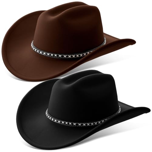 Chicingyou 2 Pcs Western Cowboy Hats for Women and Men Classic Wide Brim Felt Hats for Cowboys and Cowgirls Accessories - color: Black, Coffee