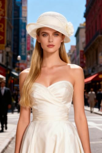 HIMESPORT Retro Sinamay Veil Flower Bride Wedding Fascinator Hat Feather Bowler Hat Hair Accessory Banquet Cocktail Party - color: Linen Color