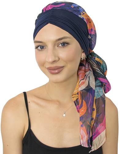 CAPLORD Chemo Headwrap for Women Turban Headwear for Cancer Patients Skull Cap Hair Loss Cover Lightweight Head Covering Hat - color: Navy Chromafloral