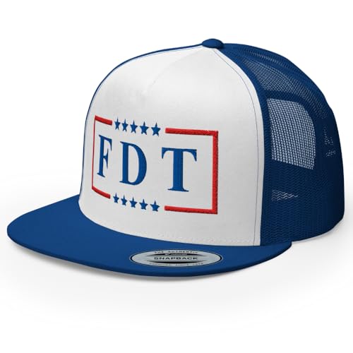 NX FDT Embroidered Flat Bill Trucker Hat High Crown Adjustable FDT Hat - color: Royal/ White/ Royal