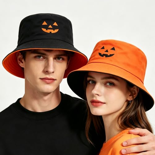Bucket Hat for Men and Women 2-in-1 Reversible Sun Protection Fashion Flat Top Cap for Fishing Travel Beach Sports - color: Orange-black