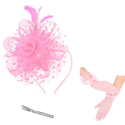 Womens Fascinators Hats and Gloves Set Short Lace Gloves Tea Party Flower Mesh Hair Clips - color: Pink