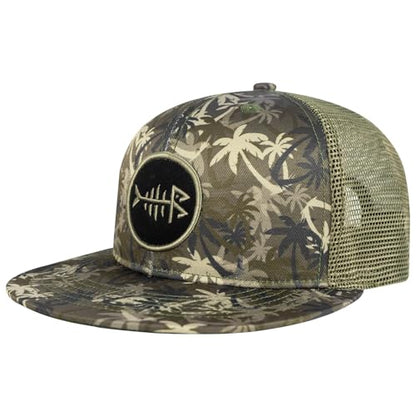 BASSDASH Flat Brim Trucker Cap Adjustable Snapback Hat Mesh Back for Men Women - color: Palm Tree Camo
