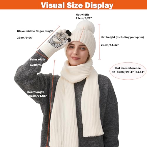 HUAMULAN Women Winter Knit Beanie Hat Circle Scarf Set Pompoms Ear Flaps - color: Cream White With Scarf and Gloves