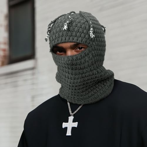 CLAPE Distressed Balaclava for Men, Funny Knitted Ski Motorcycle Mask Distressed Winter Windproof Snow Full Face Cover Mask - color: Khwb24010-gray