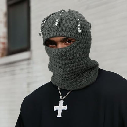 CLAPE Distressed Balaclava for Men, Funny Knitted Ski Motorcycle Mask Distressed Winter Windproof Snow Full Face Cover Mask - color: Khwb24010-gray
