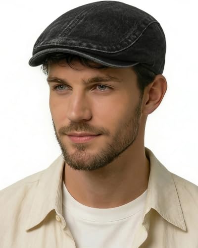 ZLYC Men Cotton Flat Cap Summer Scally Newsboy Beret Driver Hat - color: Washed Black