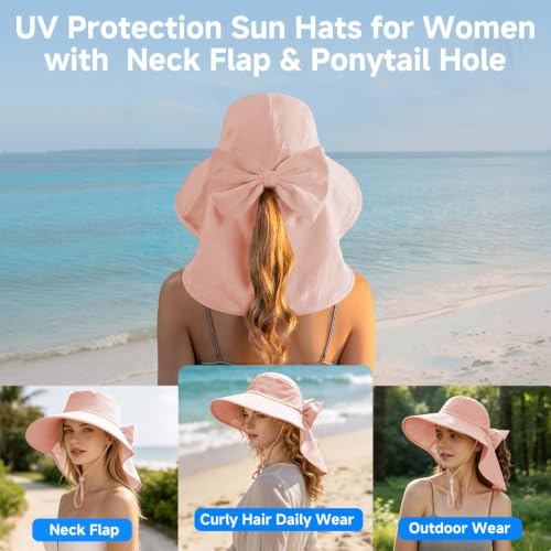 Womens Ponytail Hole Sun Hat with Neck Flap Outdoor UPF 50+ - color: Pink