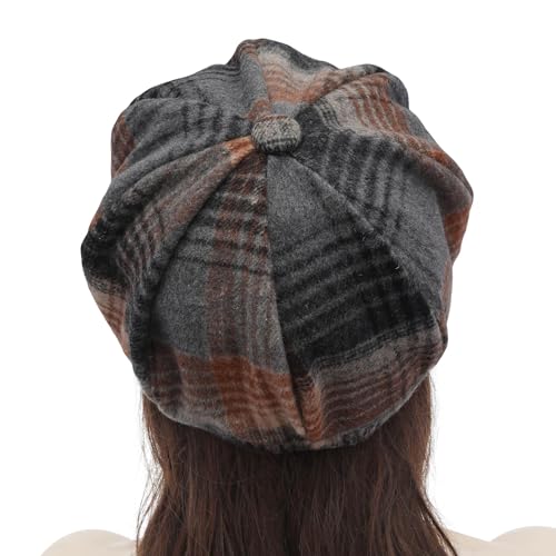 ZLYC Women Classic Newsboy Cap Visor 8 Panel Gatsby Cabbie Paperboy Hat - color: Plaid Brown and Gray
