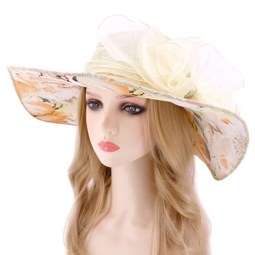 Haoohu Women's Church Derby Hat Wide Brim Bow Bucket Hat Wedding Dress Hat Fascinator Bridal Tea Party Hat - color: 03966beige