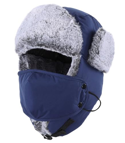 Home Prefer Men's Trapper Hat with Face Mask Faux Fur Trooper Trapper Hat for Men Winter Hunting Hat - color: Navy Blue