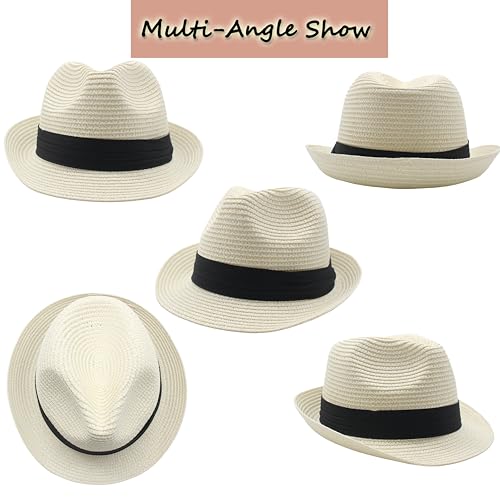 Straw Fedora Hat for Women Men Short Brim Panama Hats Derby Trilby Hats Breathable Packable Summer Beach Sun Hat - color: White Black