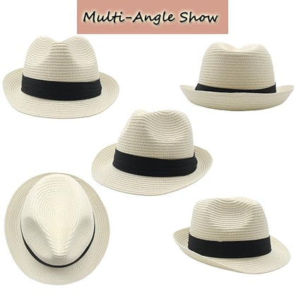 Straw Fedora Hat for Women Men Short Brim Panama Hats Derby Trilby Hats Breathable Packable Summer Beach Sun Hat - color: White Black
