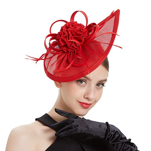 Fascinators Hat for Women Tea Party Headband Mini top Hats Cocktail Flower Mesh Feathers Hair Clip - color: Red-2