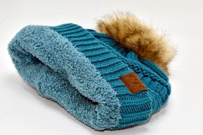 C.C Trendy Fuzzy Fleece Lined Warm Comfortable Soft Stretch Cable Knit Ribbed Faux Fur Pom Pom Beanie Hat - color: Teal Blue