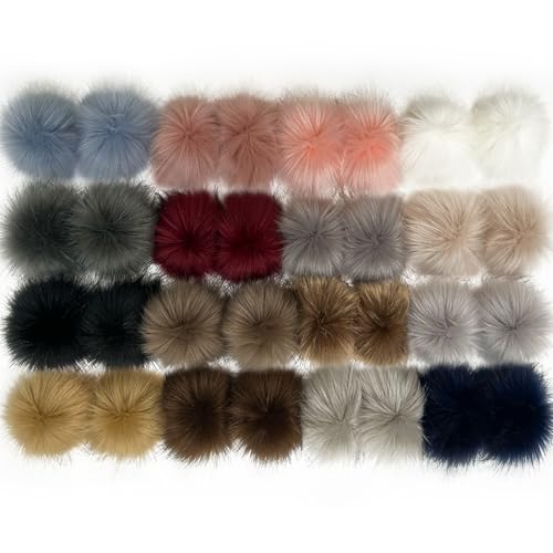 Allruyee 32 Pieces Pom Pom Faux Fur Pom Pom for Hats, Keychains, Scarves, Gloves & Bags Accessories with Elastic Loop, 16 Colours - color: Dark Color