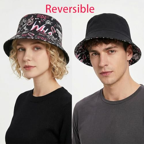 Shark Pattern Bucket Hat for Men Women, Reversible Double-Side-Wear Sun Hat, Packable Beach Fisherman Cap - color: Letter Graffiti